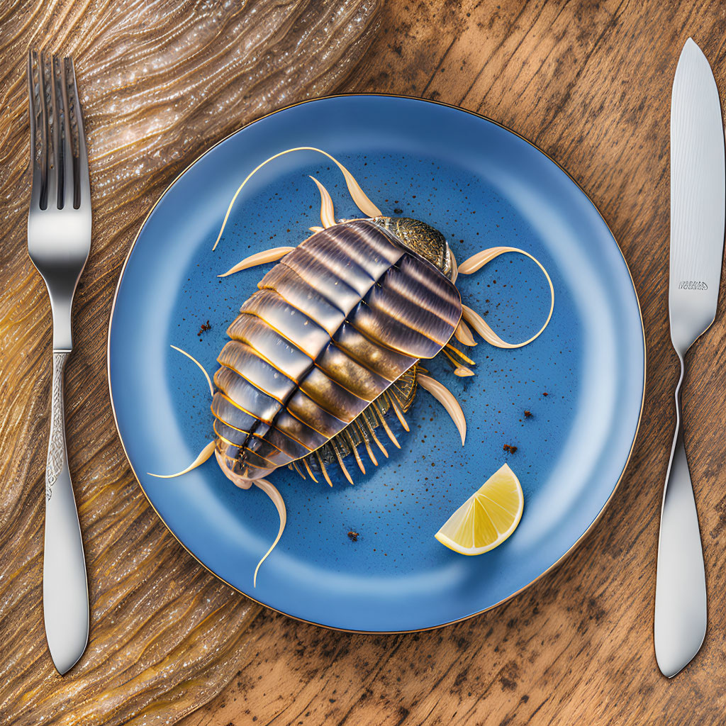 Giant Isopod on Blue Plate with Lemon and Cutlery on Wooden Table