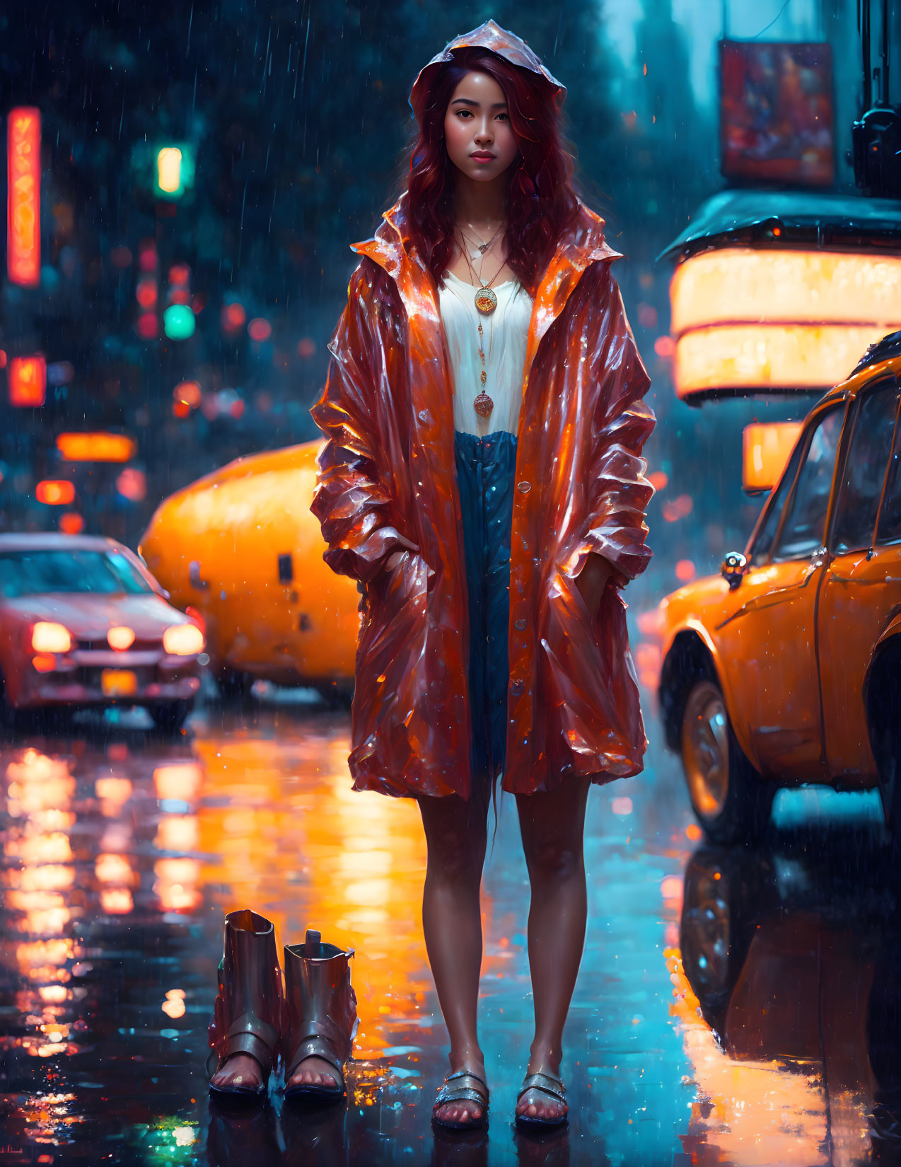 Woman in Translucent Orange Raincoat Stands on Wet Night Street