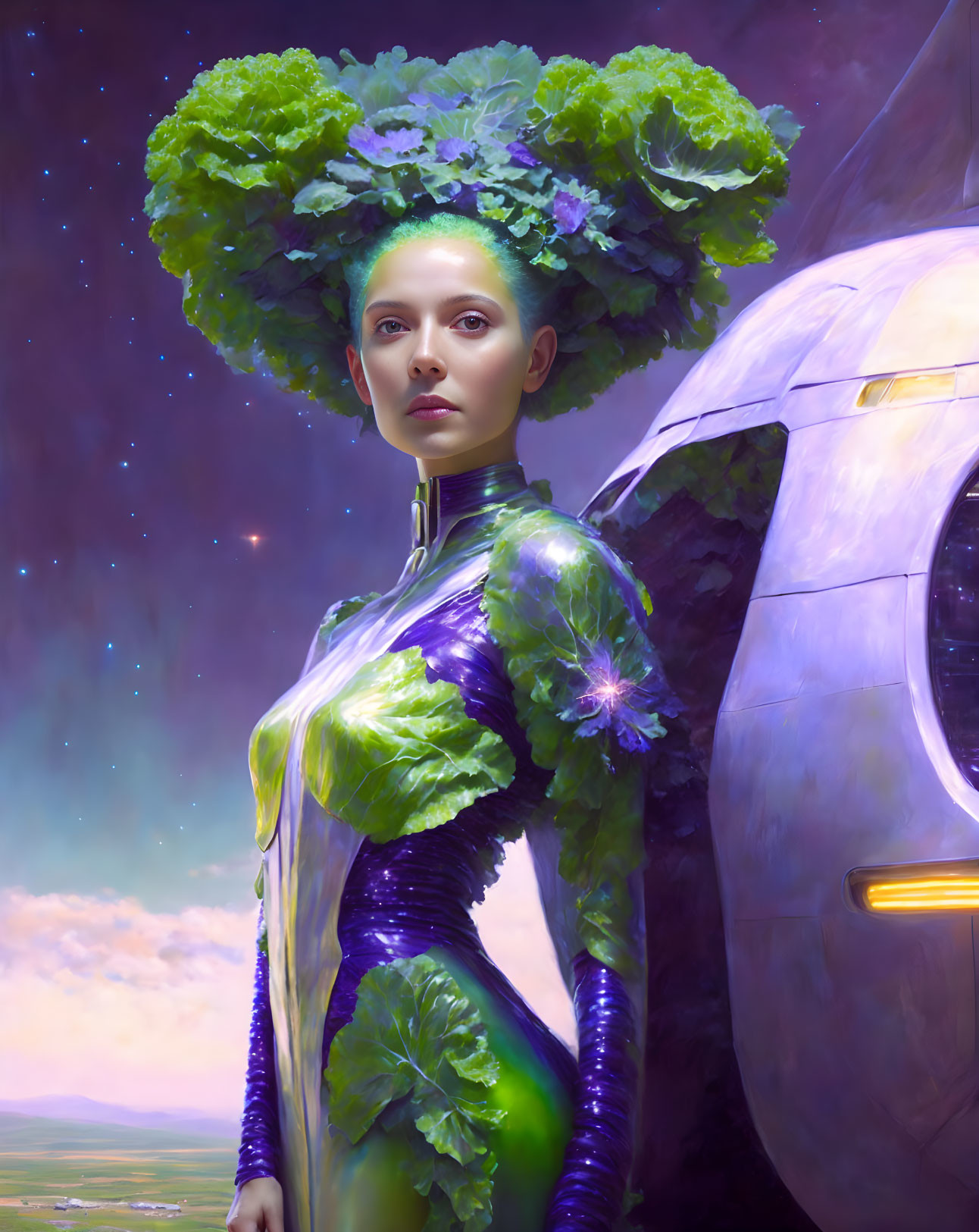 Woman in Lettuce Headpiece and Leaf Bodysuit by Spaceship under Starry Sky