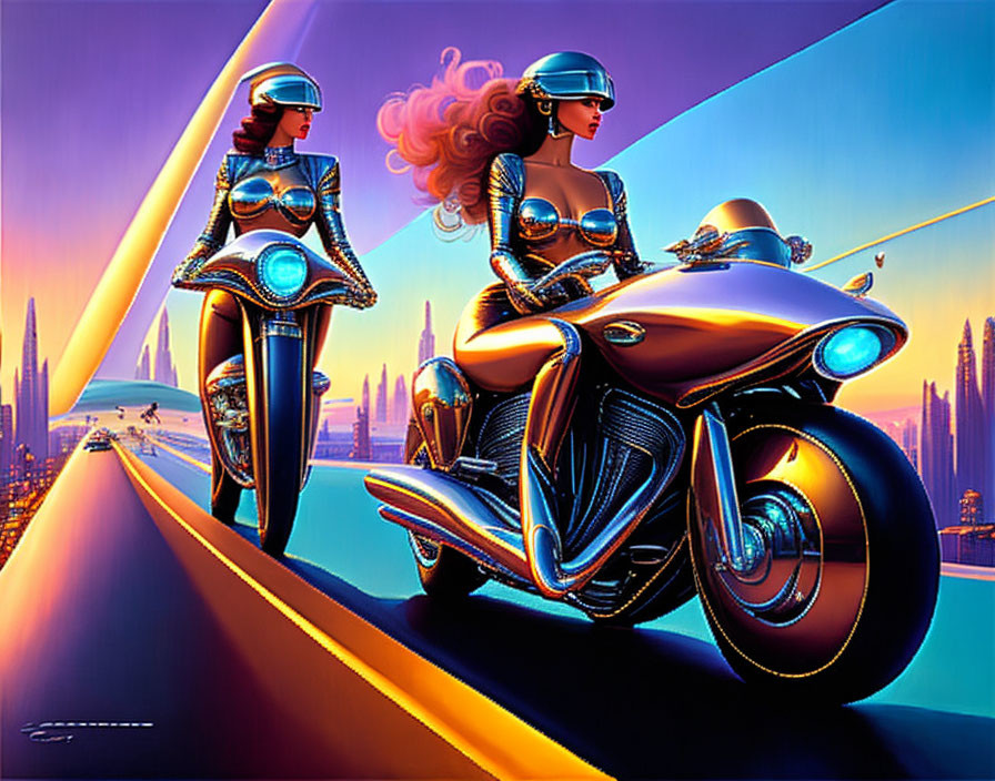 Futuristic female figures in sleek armor suits on a motorcycle in neon cityscape