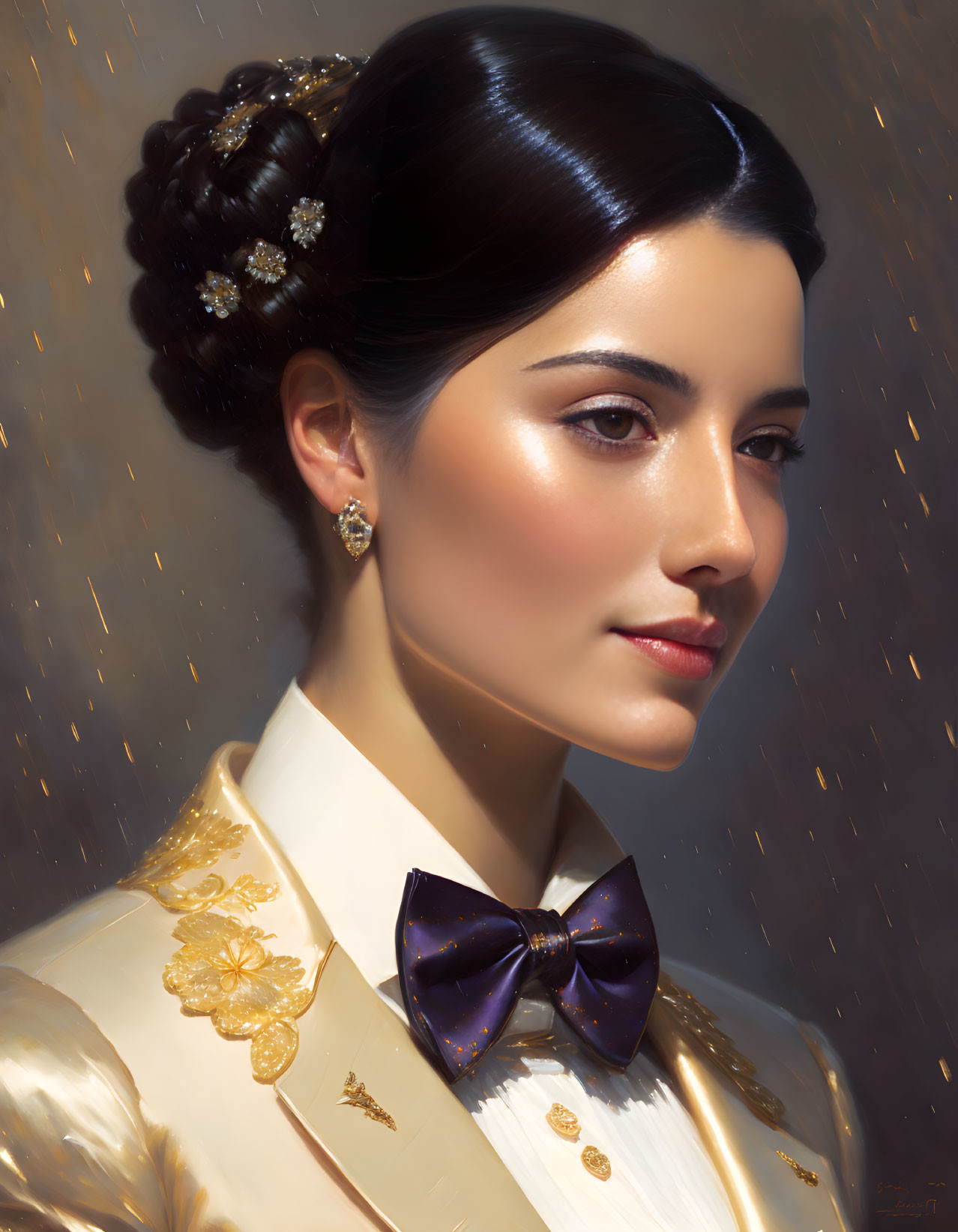 Woman portrait with sleek updo, cream blouse, navy bow tie on golden backdrop