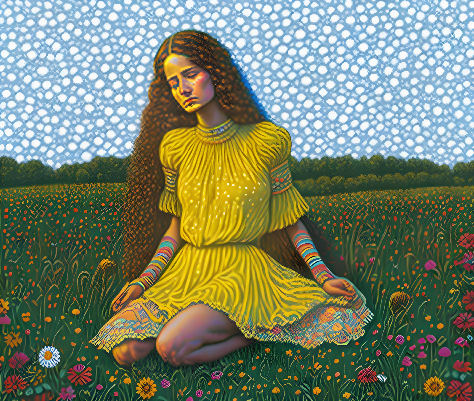 Woman in Yellow Dress Sitting in Flower Field with Dotted Sky