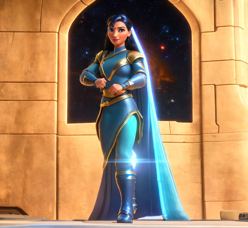 Futuristic 3D animated female character in blue armor with galaxy backdrop