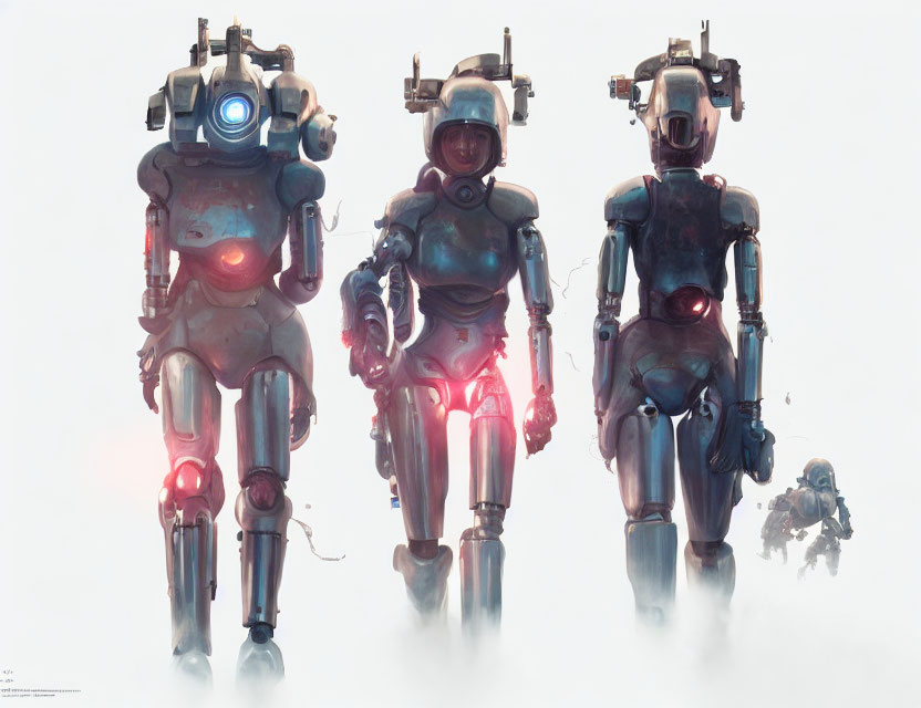 Futuristic humanoid robots in misty setting with unique features