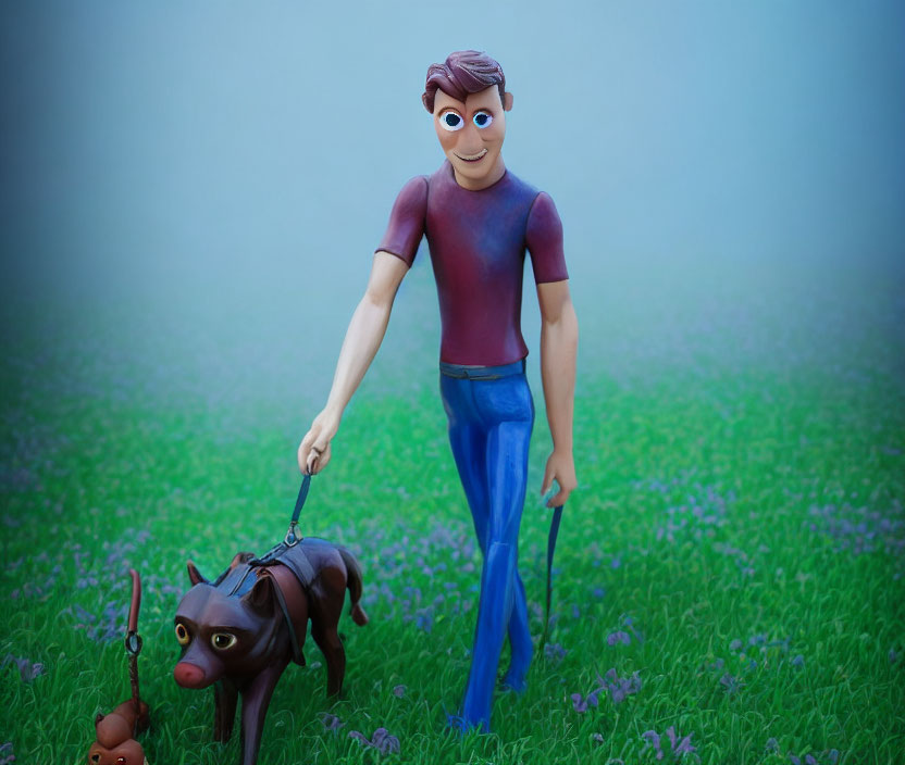 Stylized animated character walking a dog in foggy grassy area