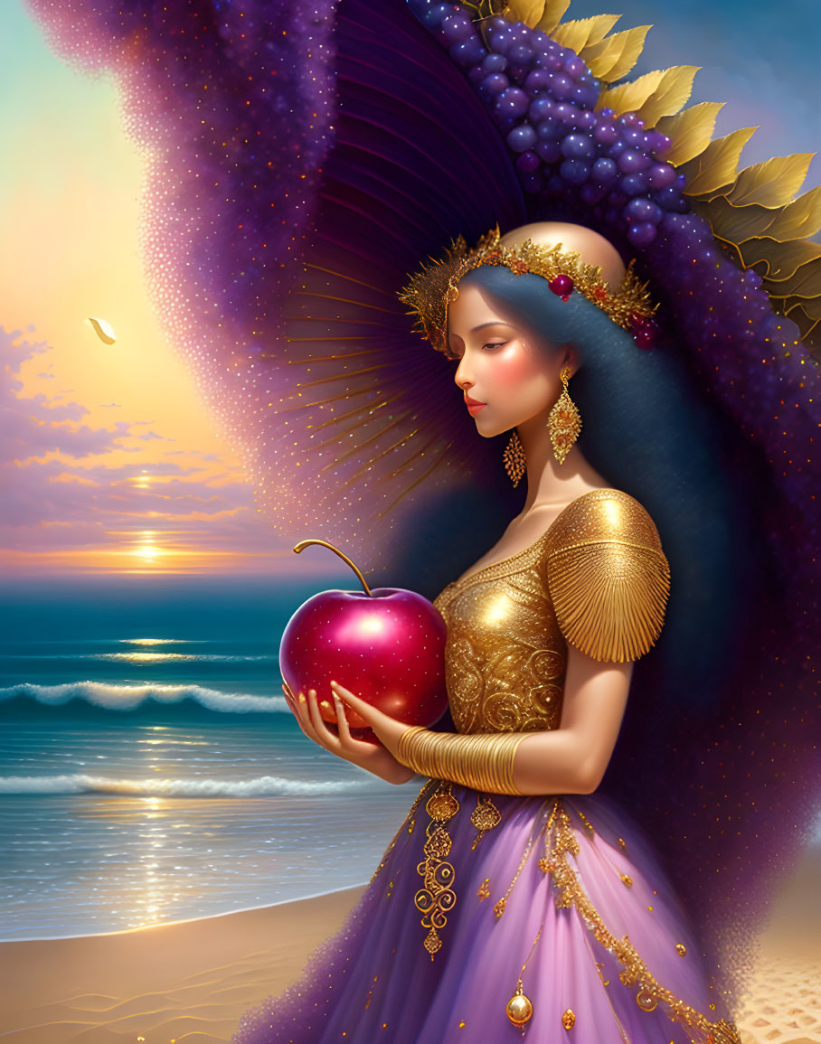 Woman in golden attire holding a red apple against beach sunset backdrop with purple grape-adorned wing.