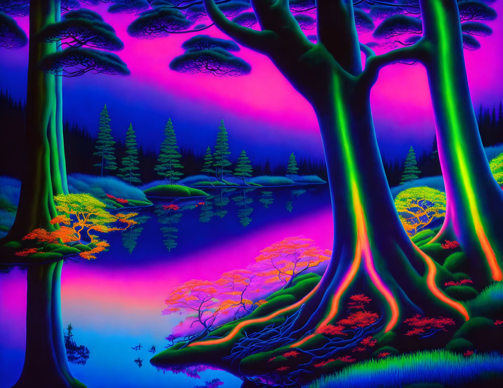 Vivid Neon Landscape with Otherworldly Trees and Tranquil Lake