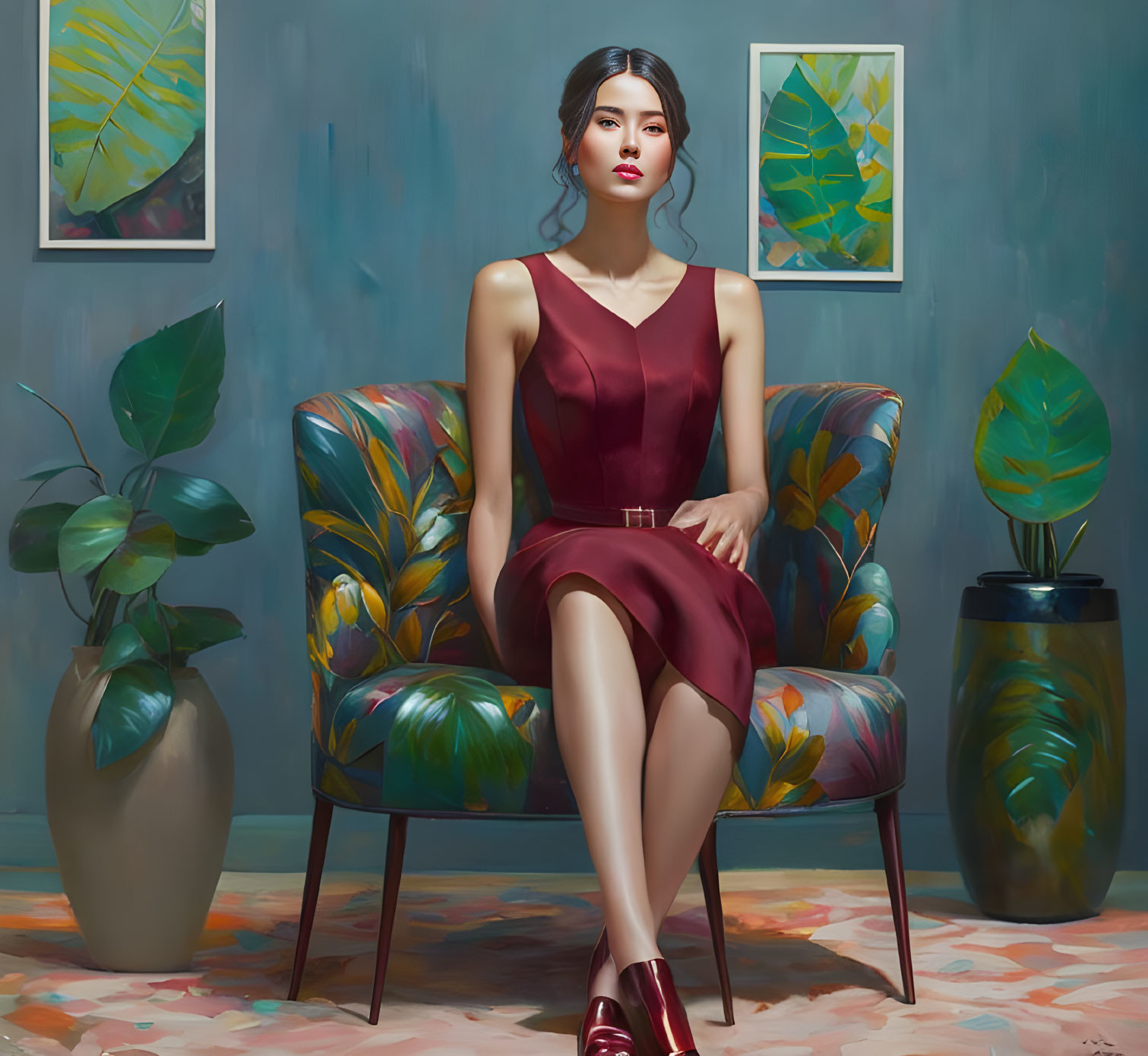 Woman in Burgundy Dress Sitting on Patterned Chair Against Teal Backdrop