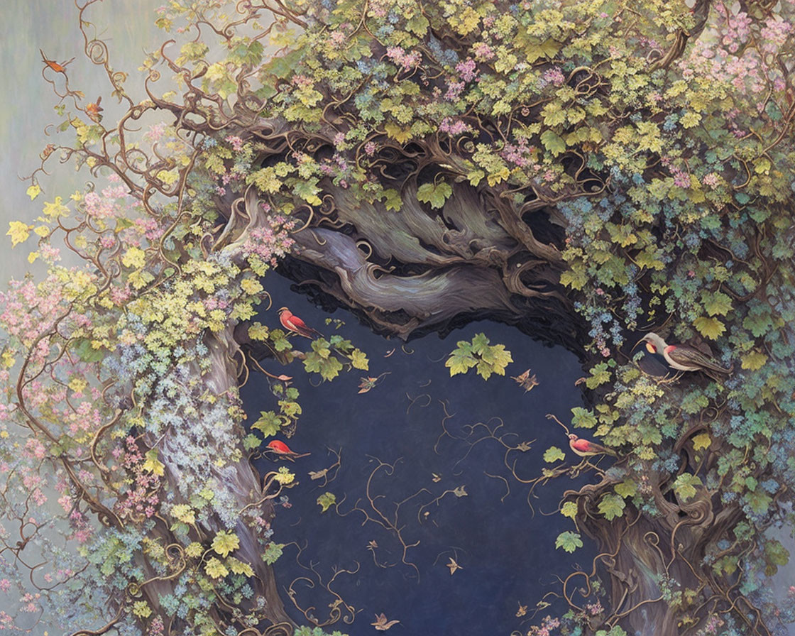 Detailed Painting of Heart-Shaped Tree Canopy with Pink Blossoms and Birds