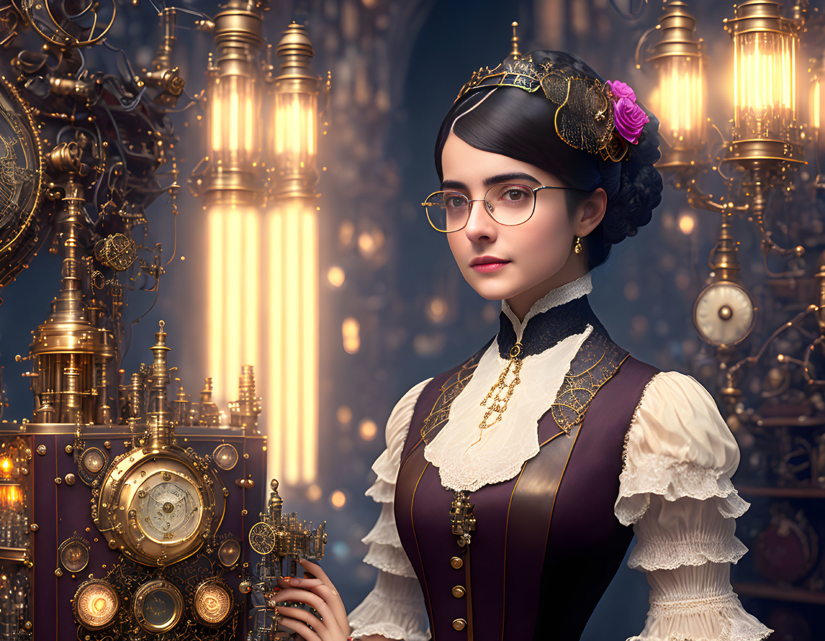 Victorian woman with cog headpiece in steampunk machinery setting