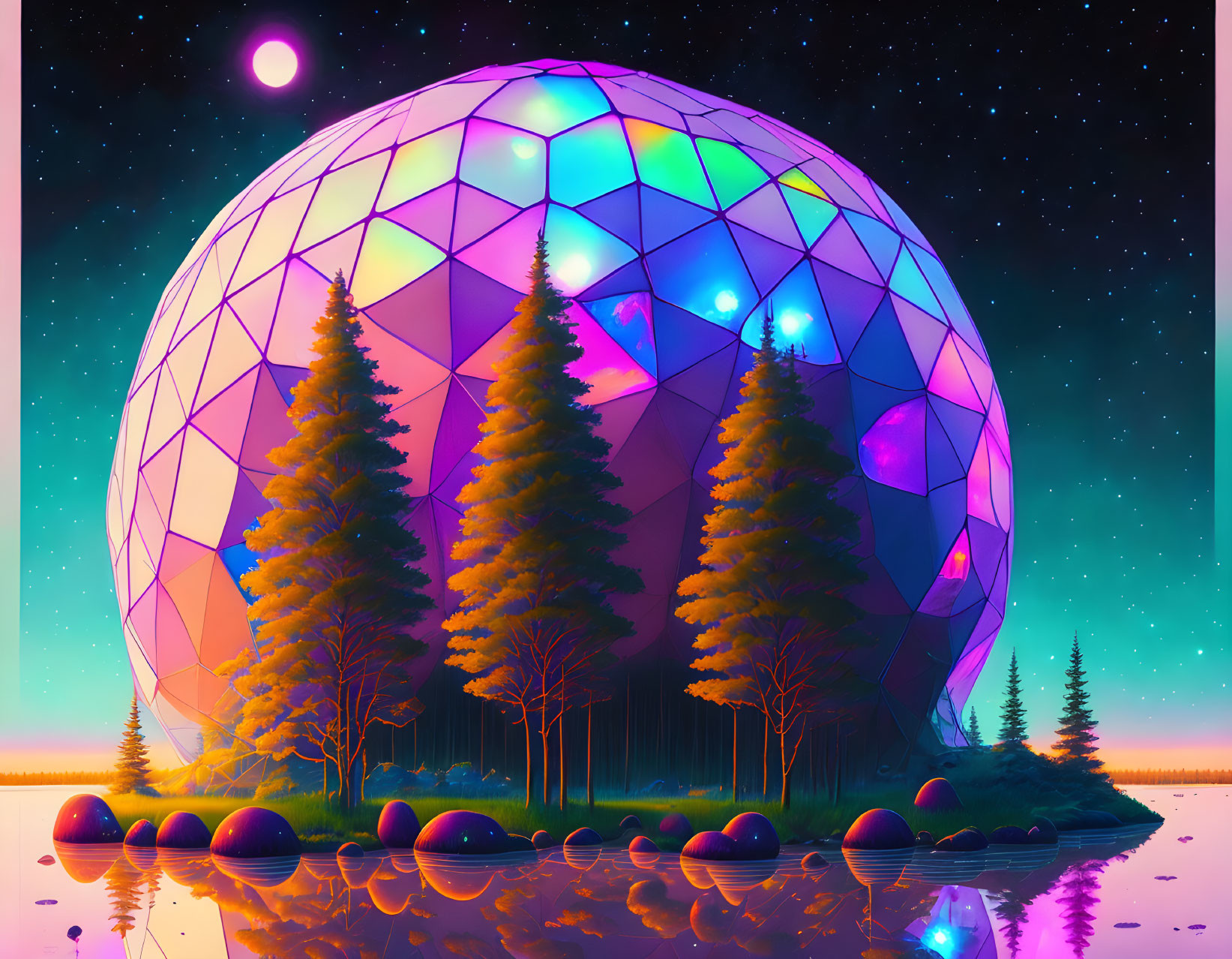 Digital artwork: Glowing geodesic dome in twilight with trees, orbs, and starlit sky