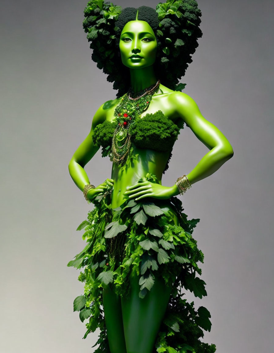 Green-themed mannequin adorned with foliage and jewelry in nature-inspired pose