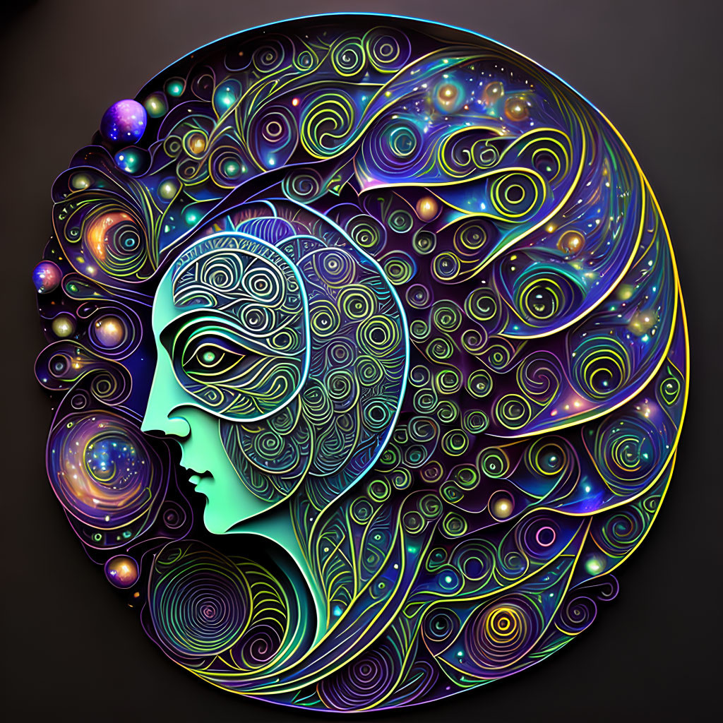 Colorful psychedelic profile face surrounded by cosmic swirls and celestial bodies