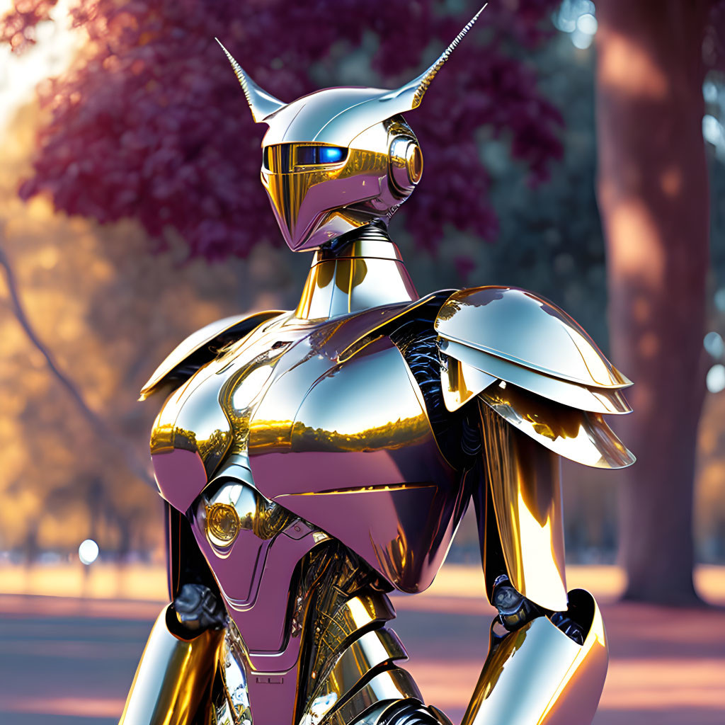 Gold-colored Robot Standing in Park at Sunset with Trees