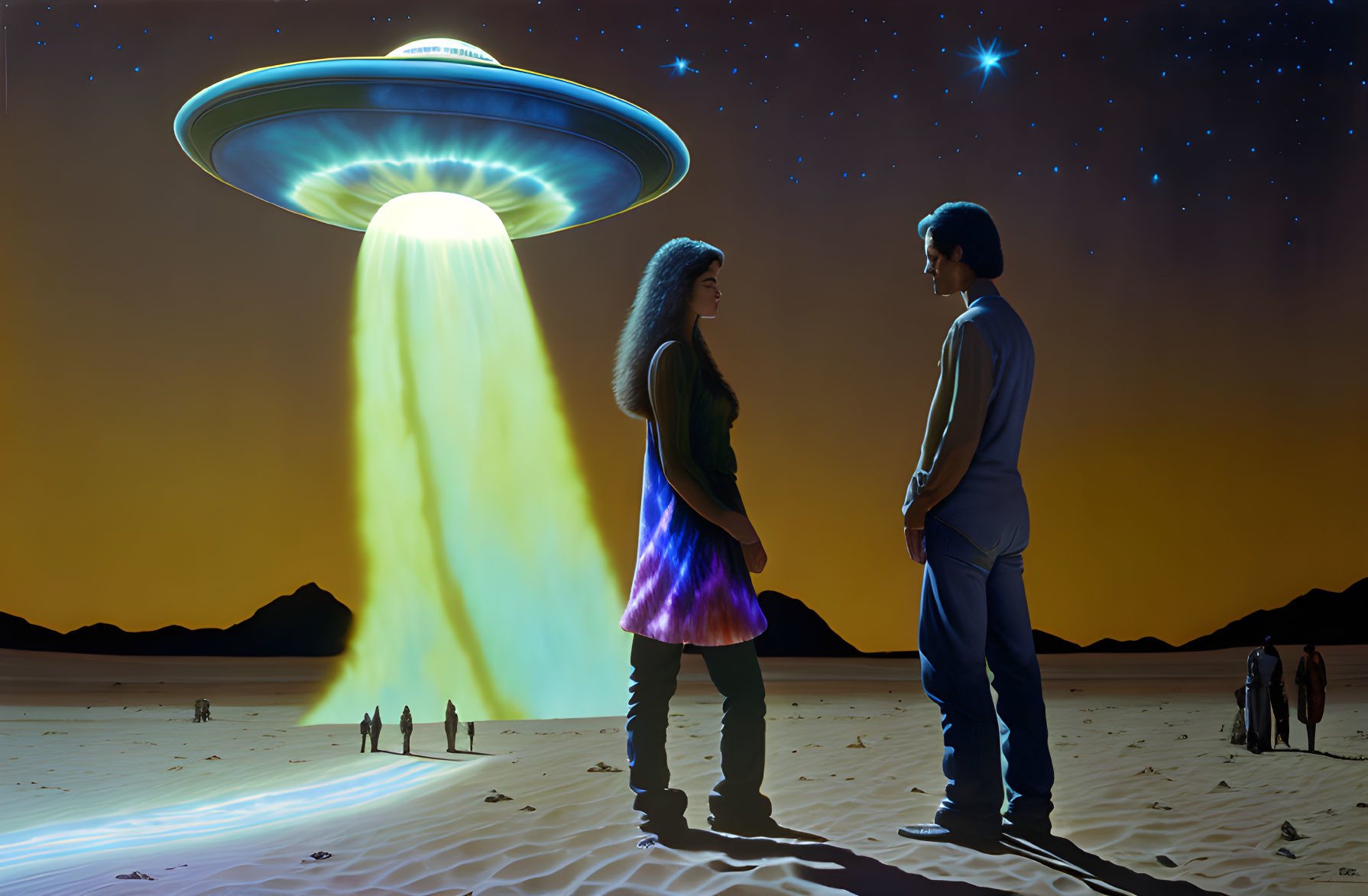 Two people under UFO light in desert at night