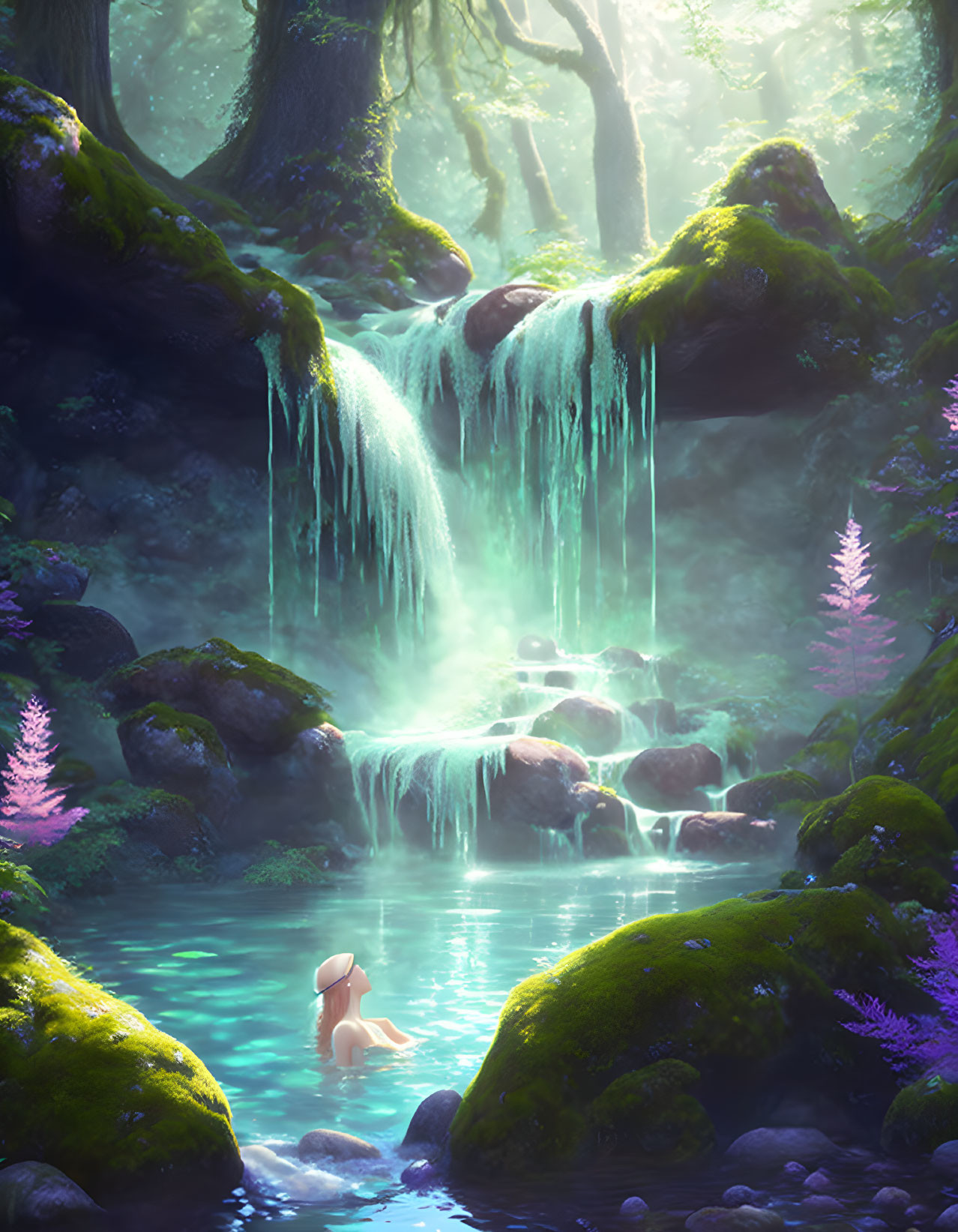 Serene waterfall in enchanted forest with mystical creature