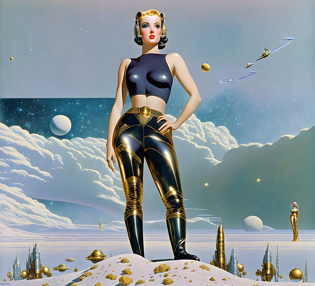 Stylized futuristic woman in retro sci-fi setting with fantasy space backdrop