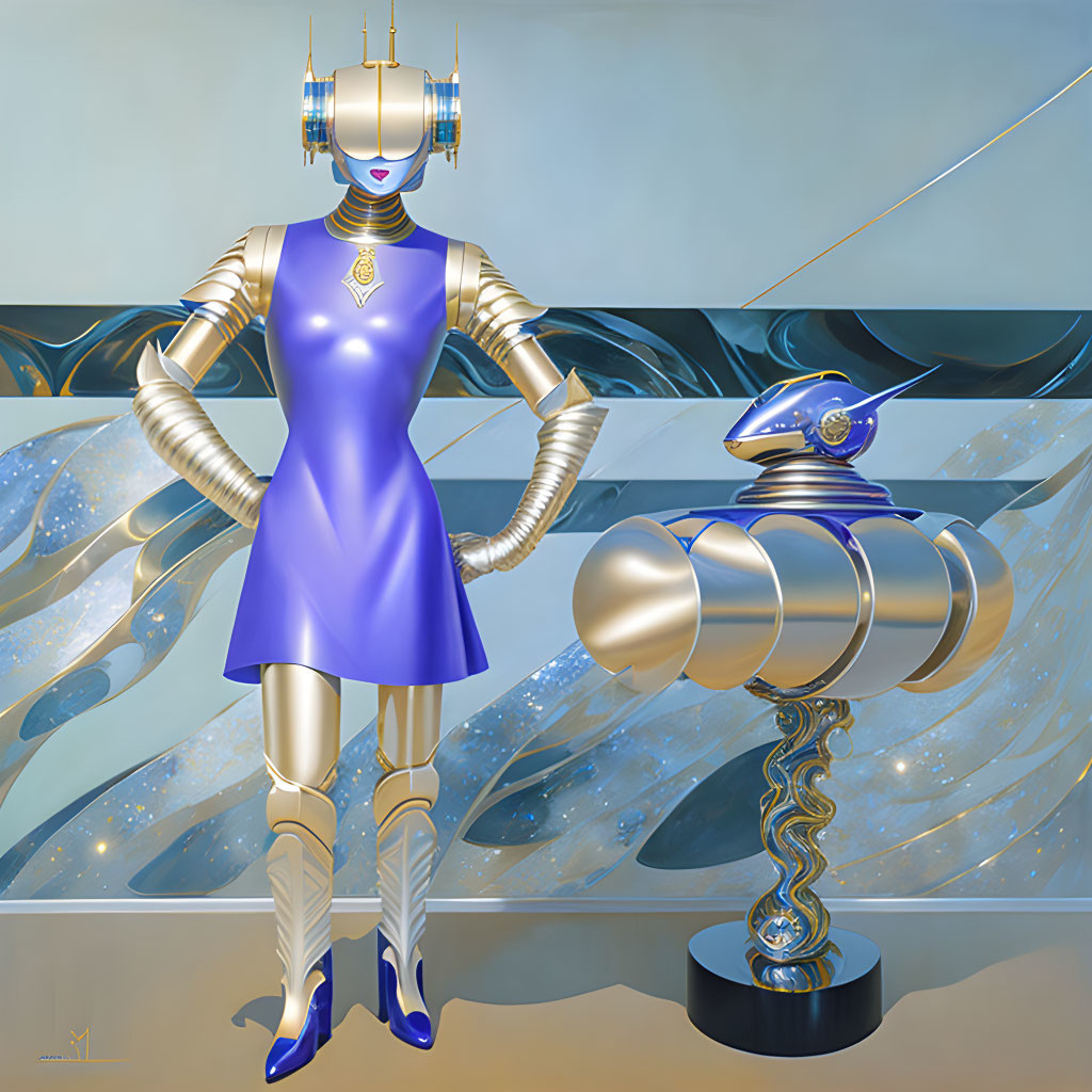 Futuristic female robot in blue dress with smaller robot on metallic background