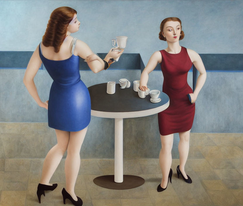 Two women in dresses at table with cups, surreal flat style