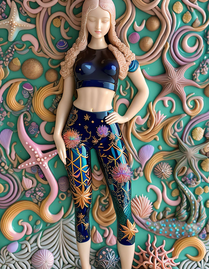 Stylized illustration of female figure in crop top and leggings on ornate pastel background