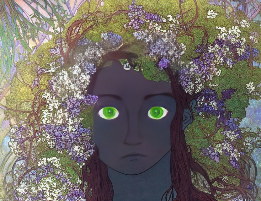 Person with Vibrant Green Eyes and Floral Crown in Nature-Inspired Illustration