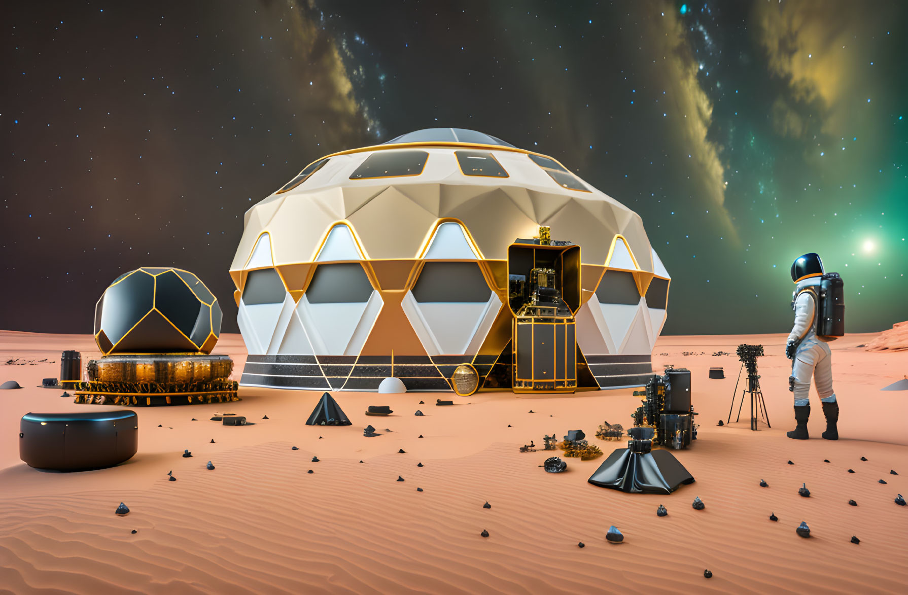 Astronaut near futuristic dome habitat on desert surface