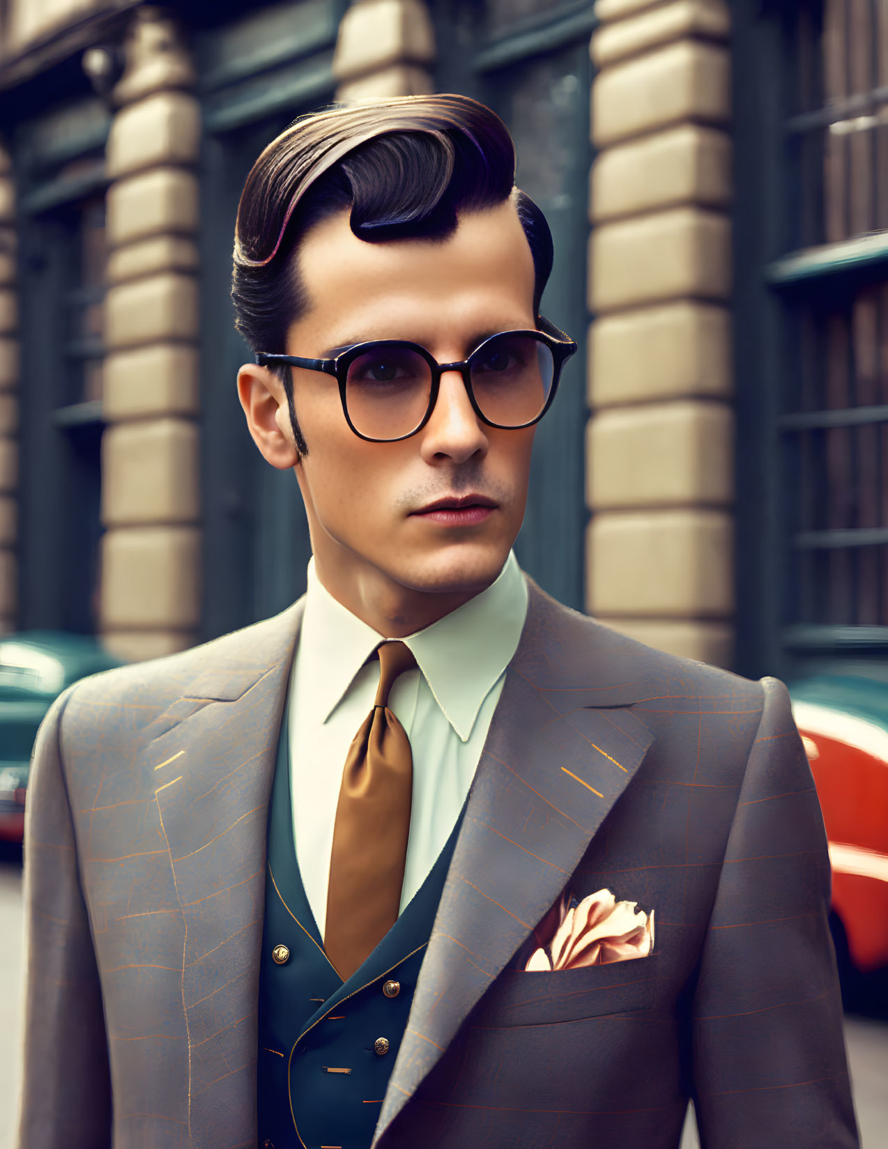 Fashionable man in checked suit and sunglasses against urban backdrop