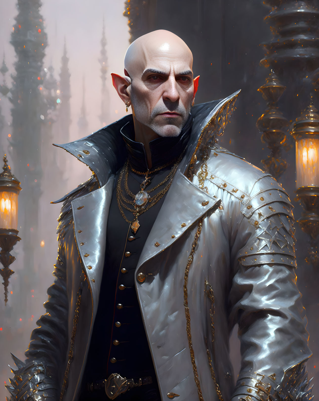 Bald elf in studded leather jacket in lantern-lit forest