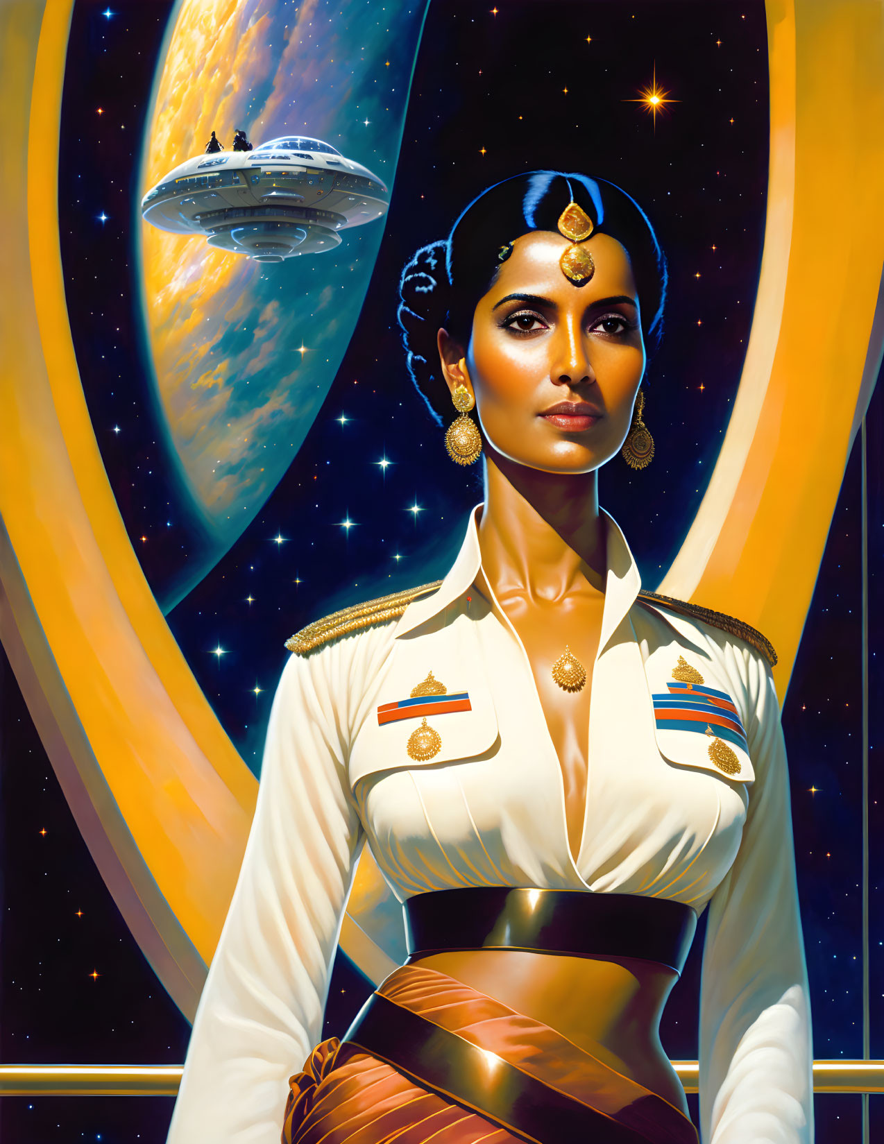 Sci-fi illustration of woman in futuristic military uniform with medals in space.