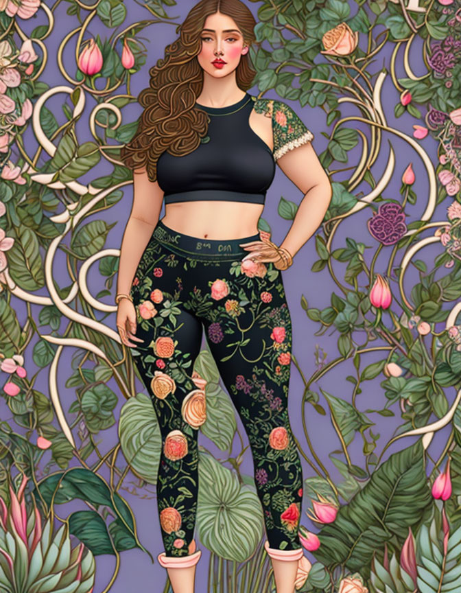 Detailed illustration of woman in floral leggings and black crop top against decorative backdrop.