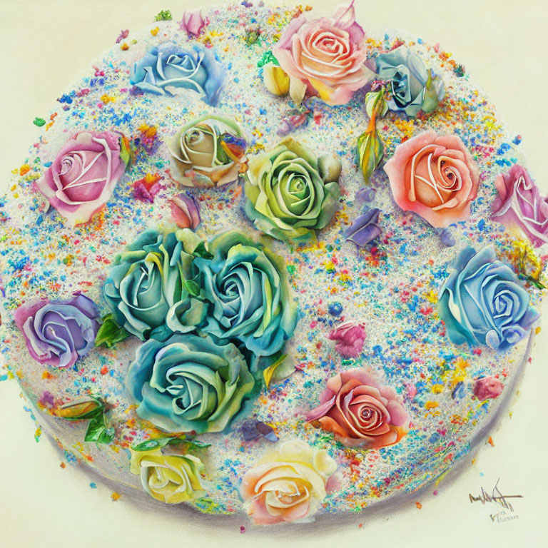 Colorful Circular Cake Decorated with Roses and Sprinkles