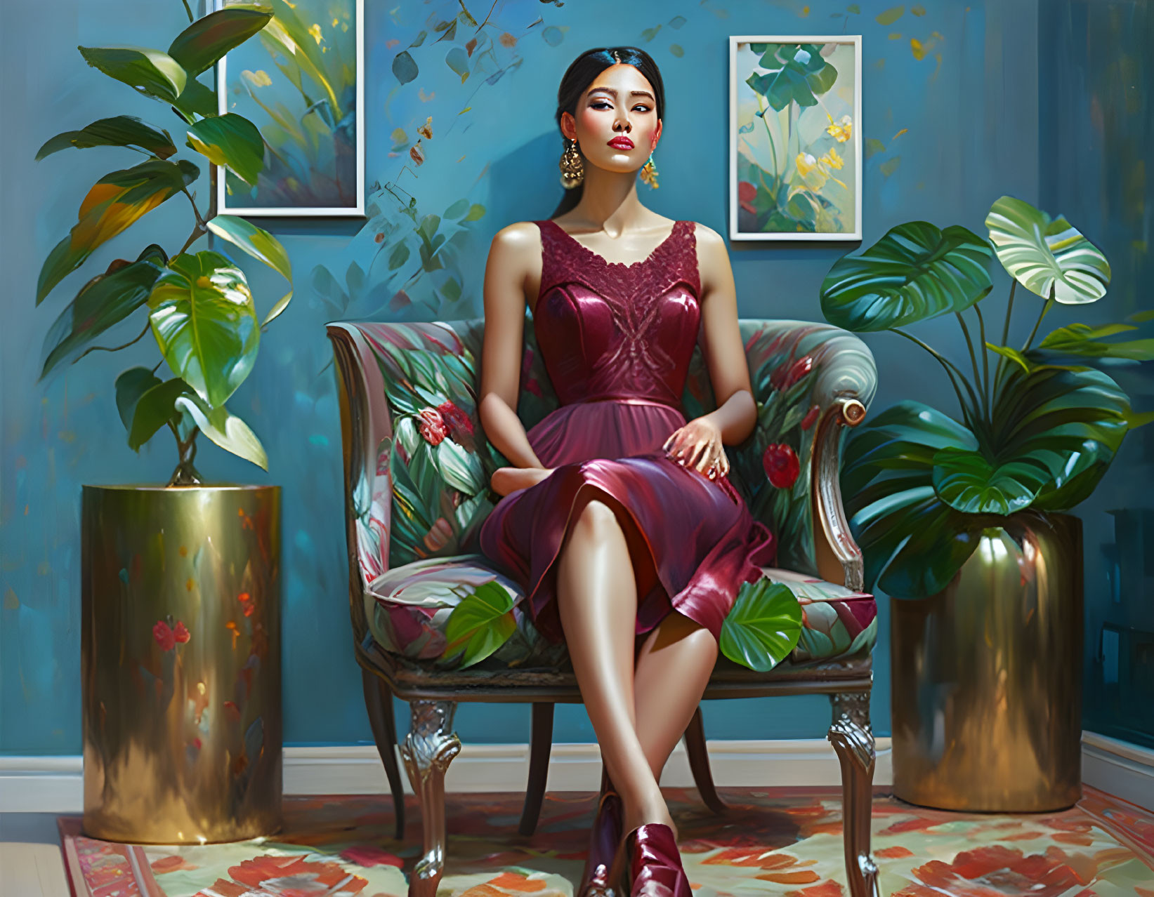 Stylish Woman in Burgundy Dress on Classic Armchair in Elegant Room