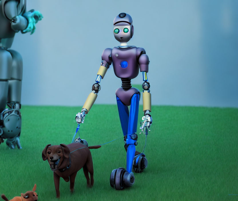 Blue and Purple Humanoid Robot Walking Dog in Grass Field