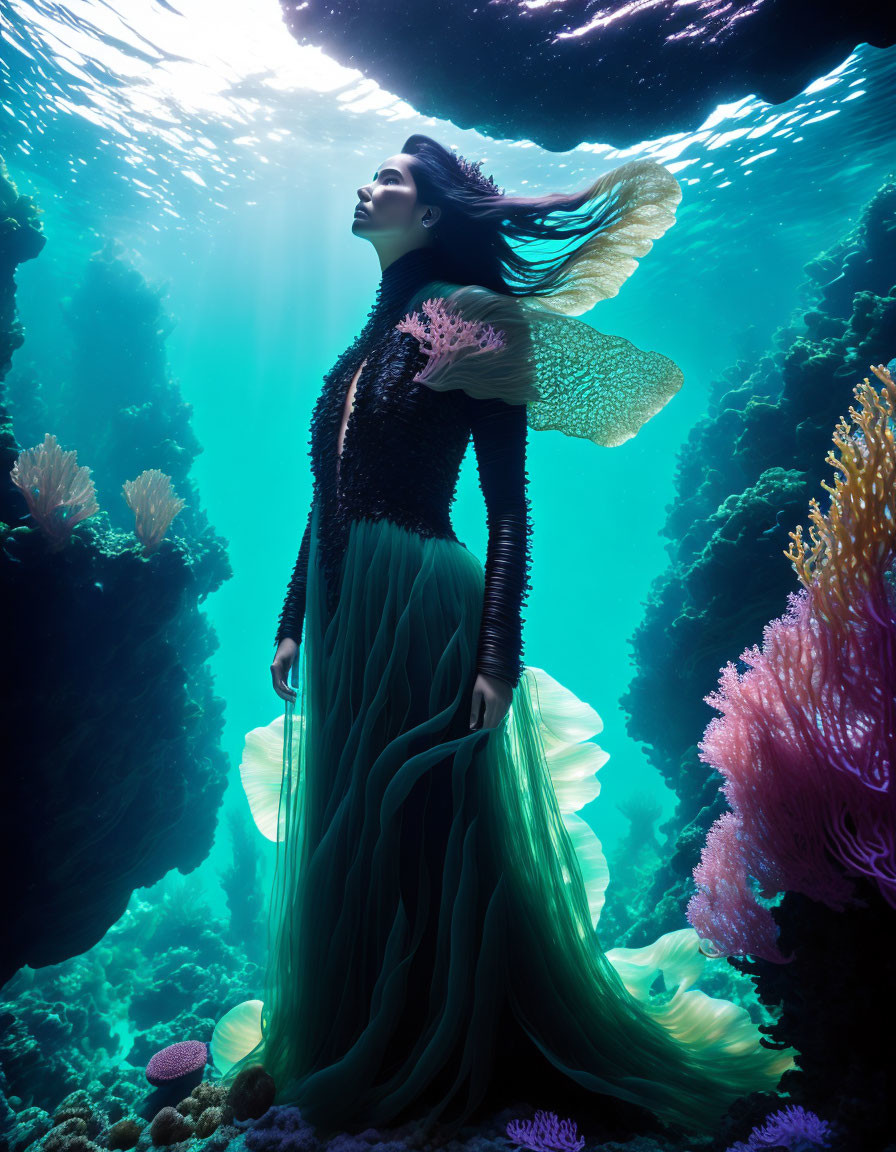 Woman floating underwater among coral reefs with sunlight filtering down.