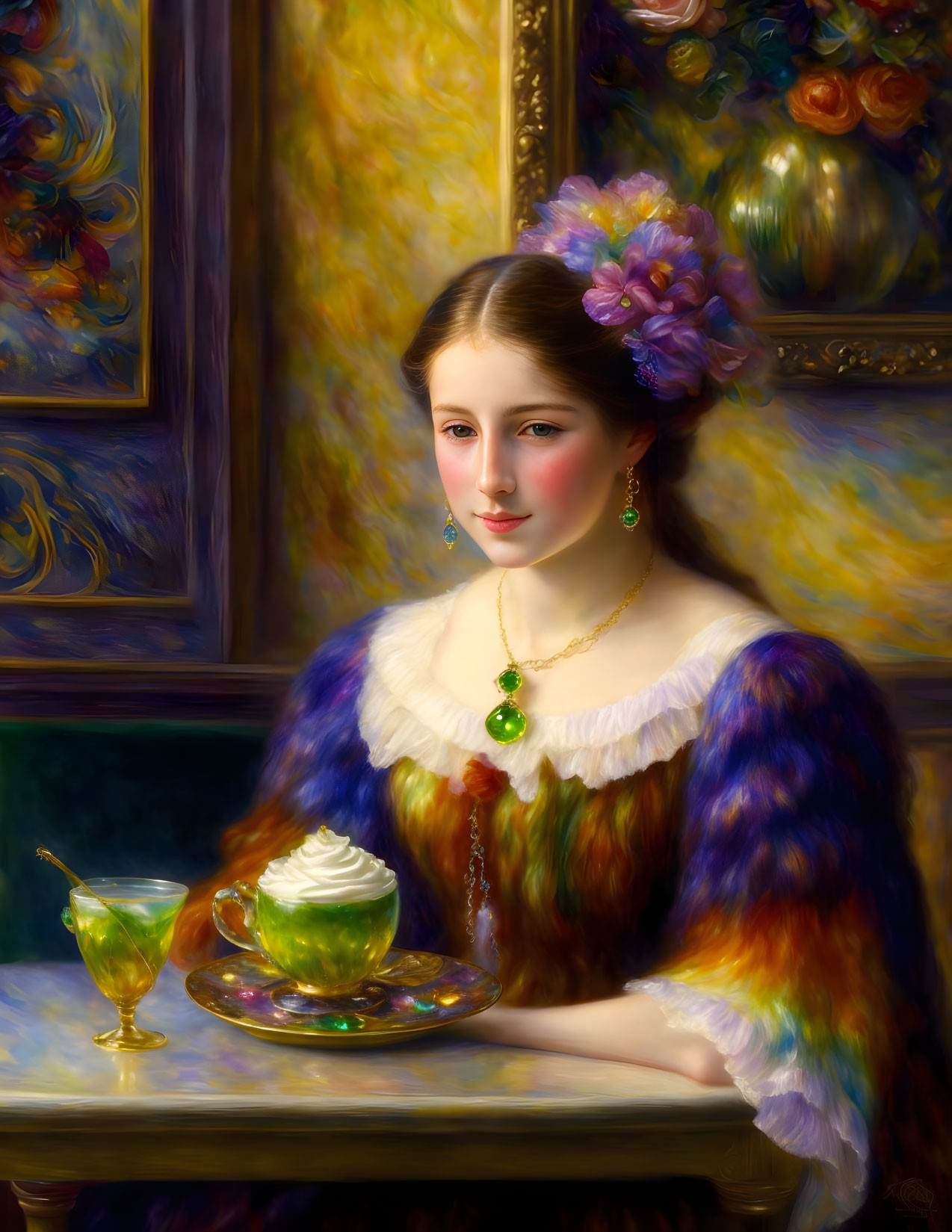 Young woman with tray, glass, cupcake, colorful dress, flowers in hair, against impressionist