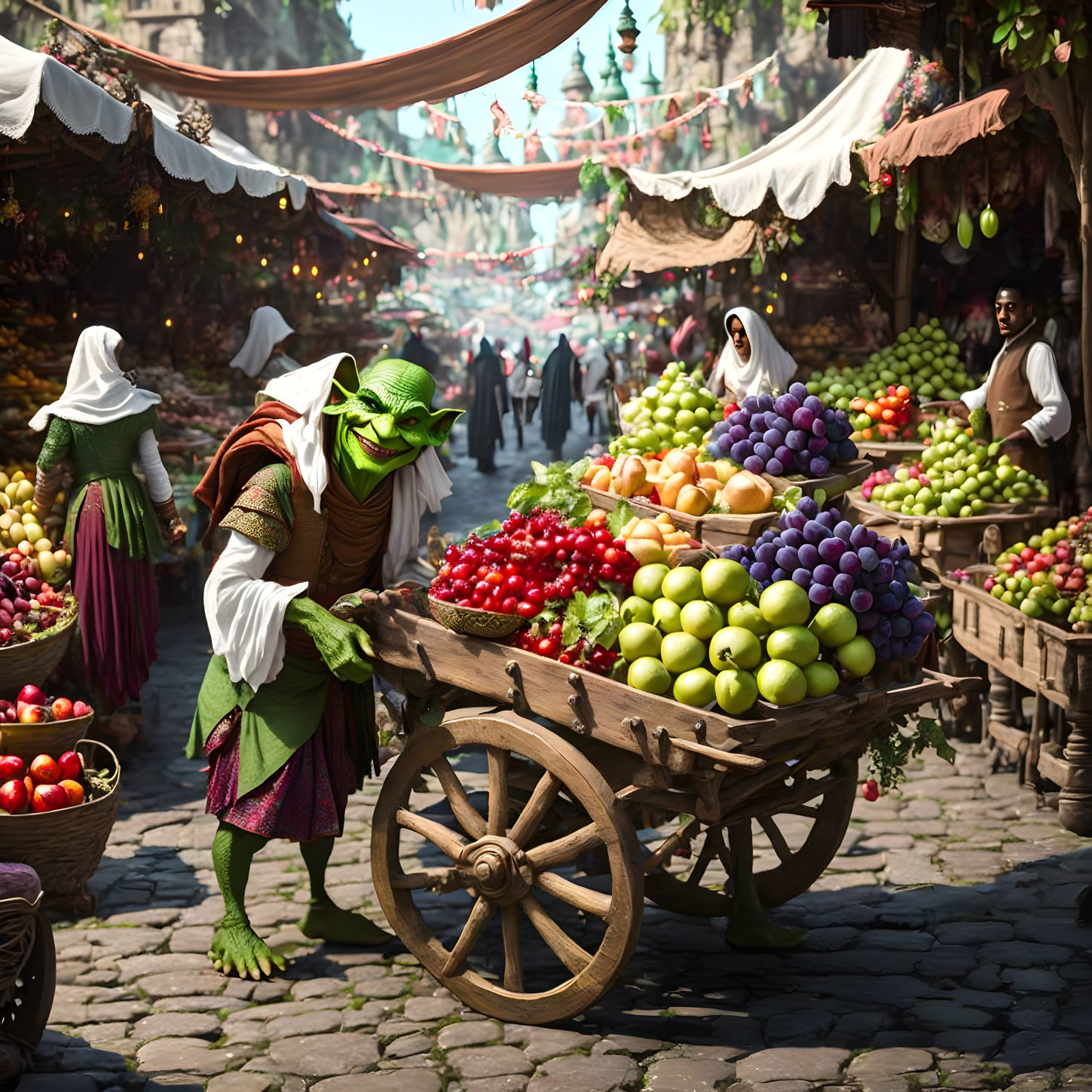 Green ogre with fruits in medieval market street