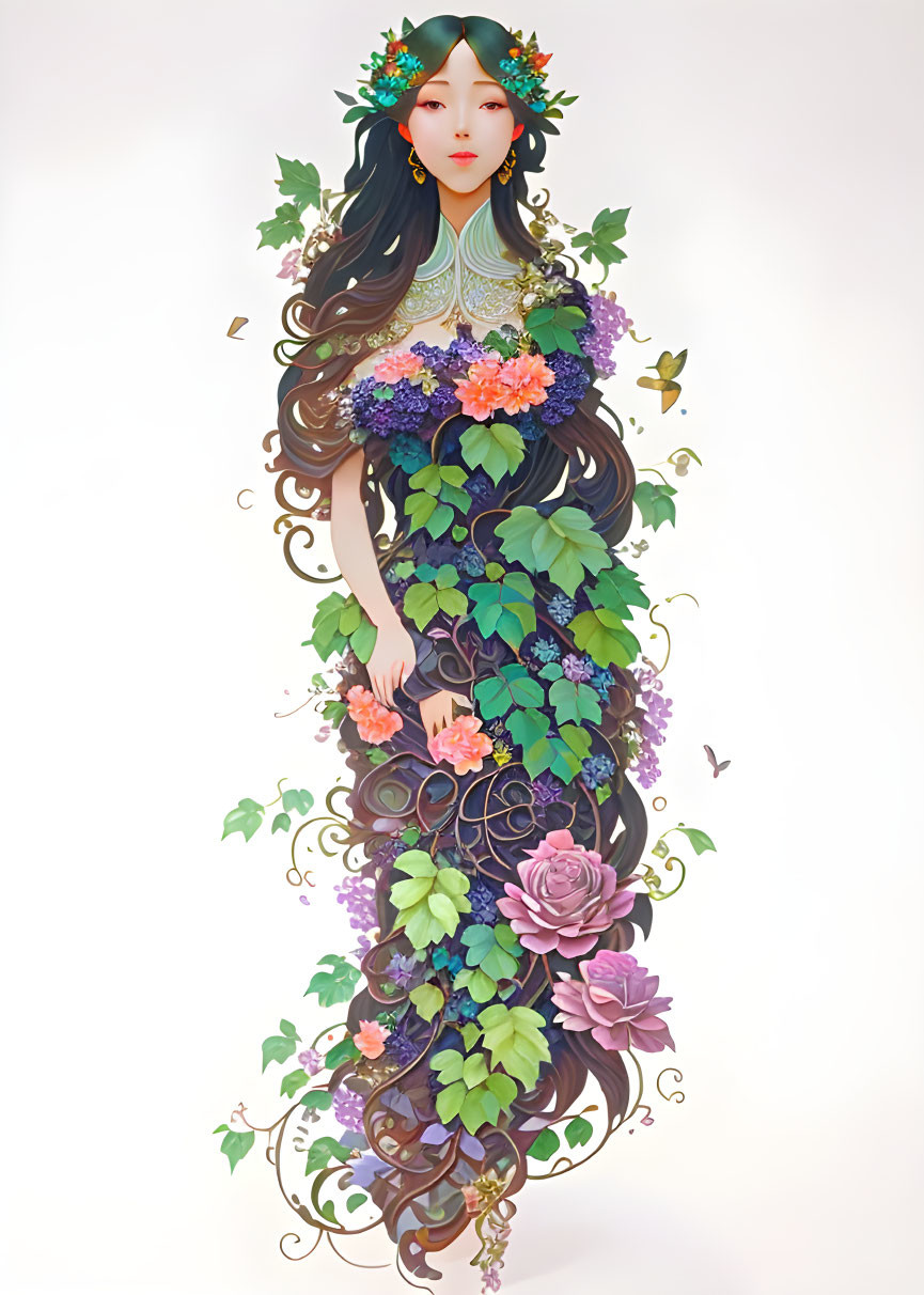 Botanical-themed illustration of woman with flowing hair