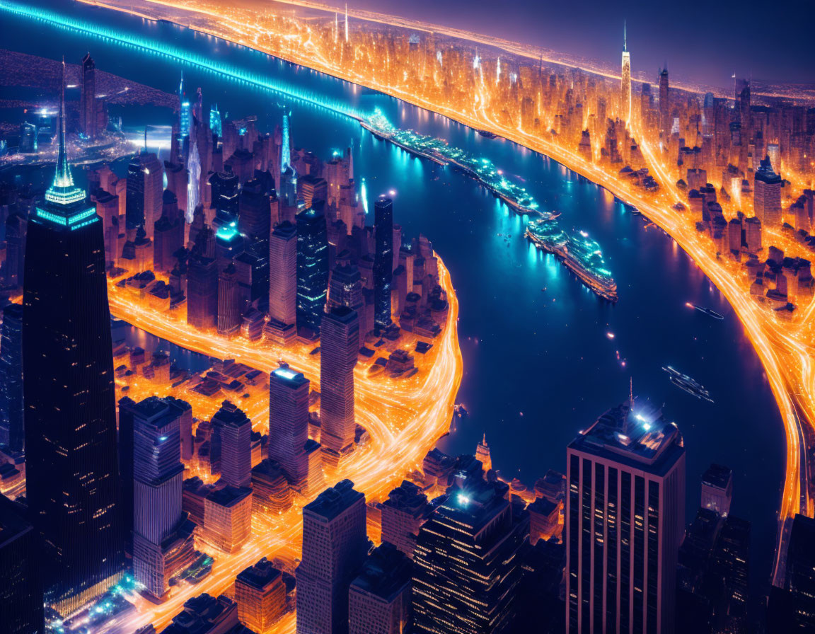 Brightly Lit Cityscape with Skyscrapers, Highways, River, and Bridge at Night