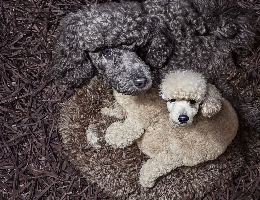 Two Poodles Cuddling on Textured Brown Surface