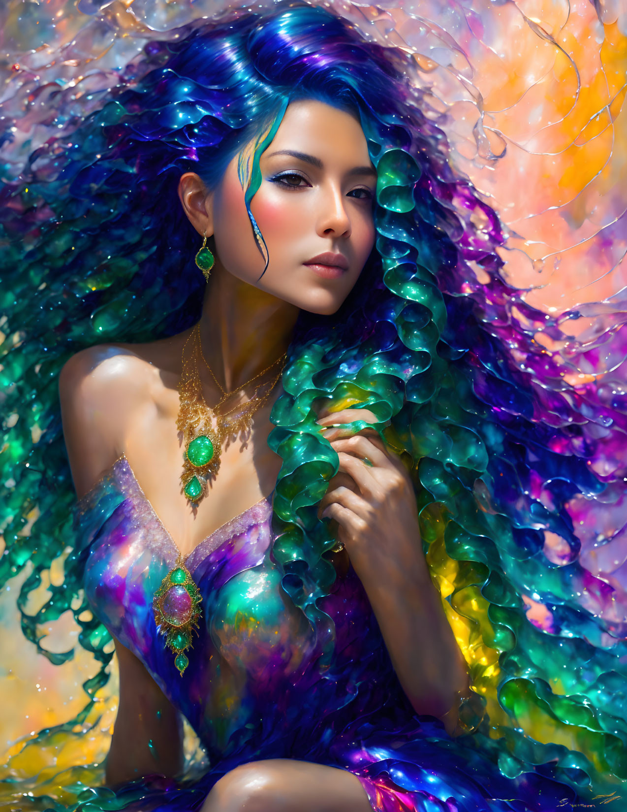 Colorful digital artwork of woman with blue hair and multicolored dress