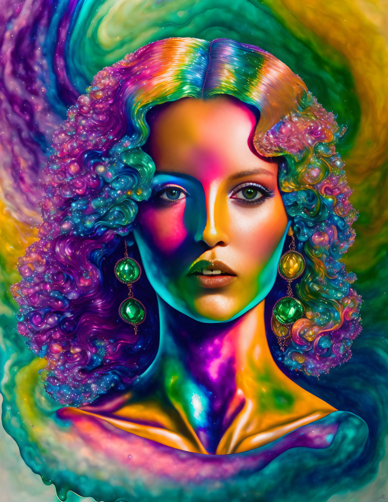 Colorful portrait featuring woman with multicolored hair and skin, green earrings