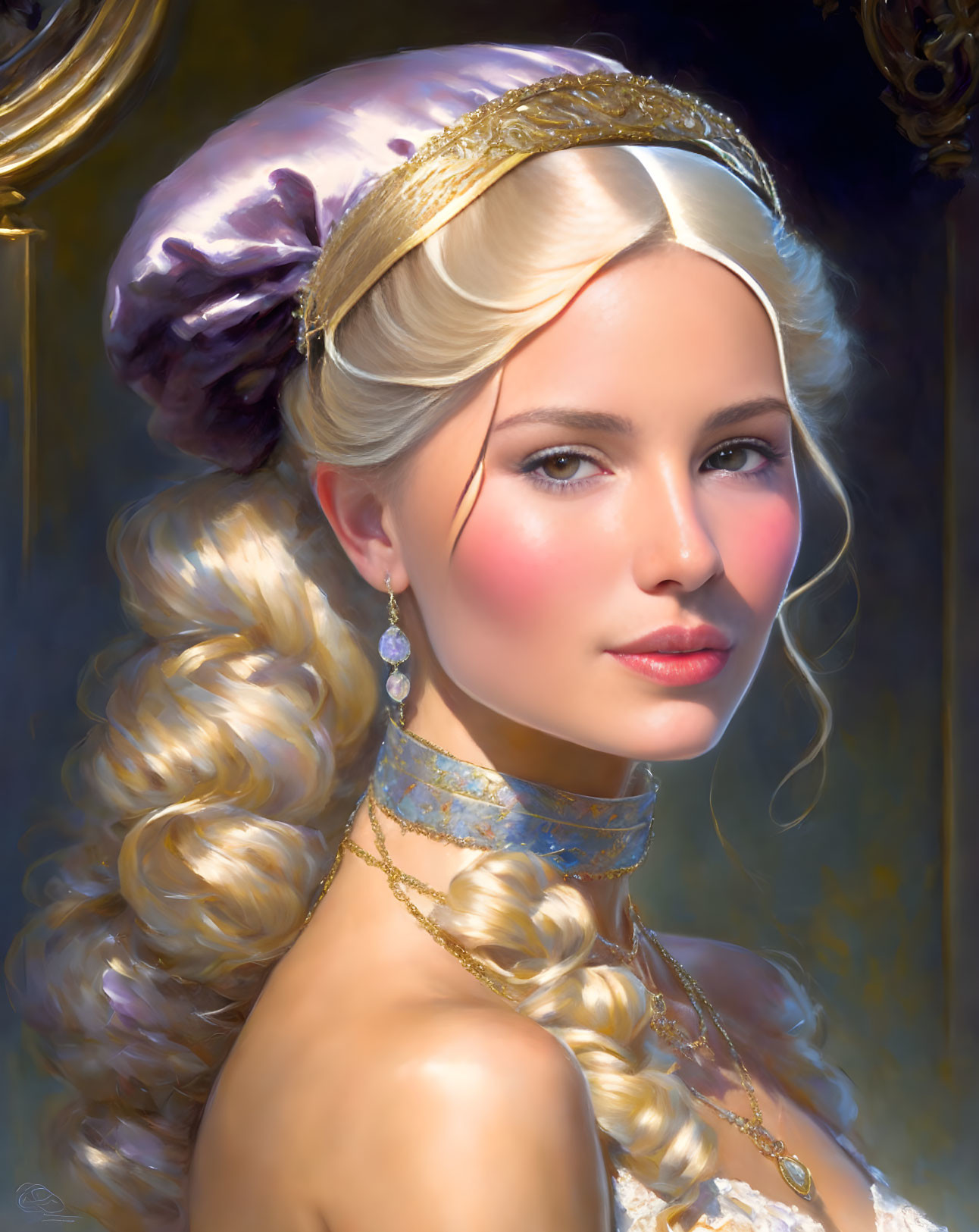 Elaborate blonde curls and historical attire portrait.