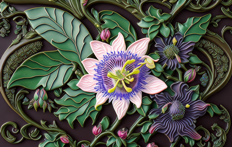 Detailed Bas-Relief Sculpture of Blooming Passionflower
