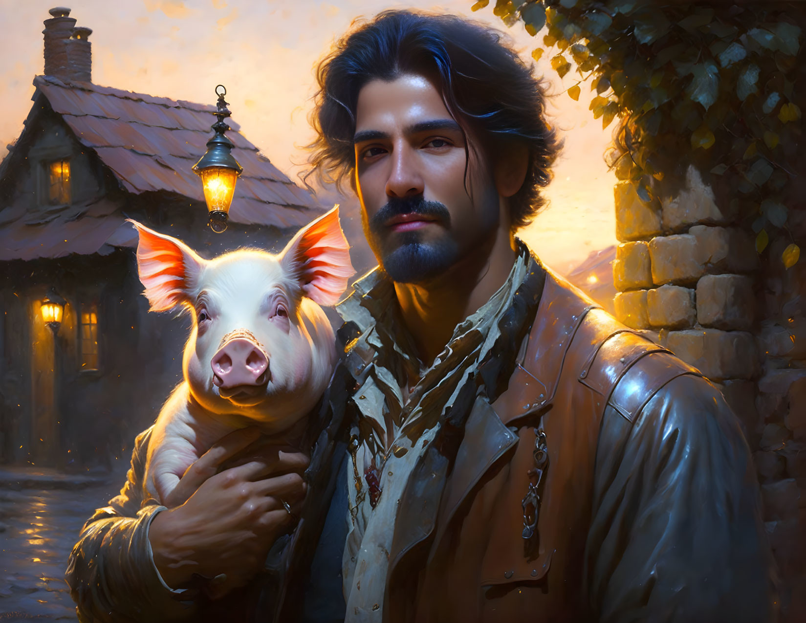 Man in leather jacket holding piglet under lantern at dusk