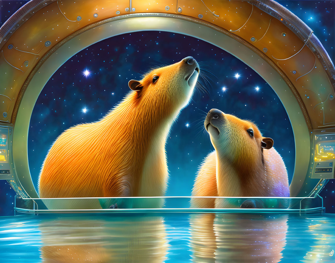 Capybaras admiring starry sky from futuristic submarine window