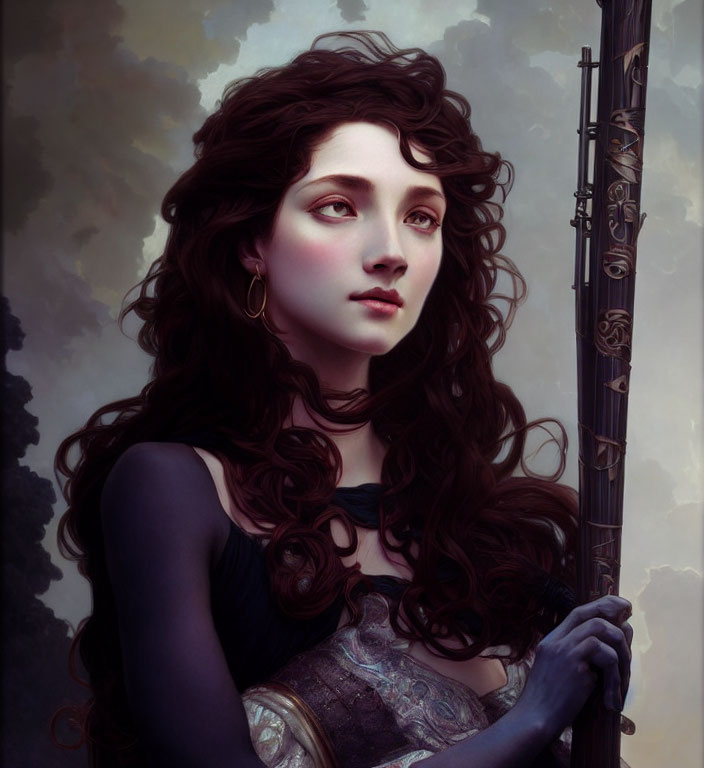 Digital painting of woman with flowing dark hair holding staff in fantasy setting