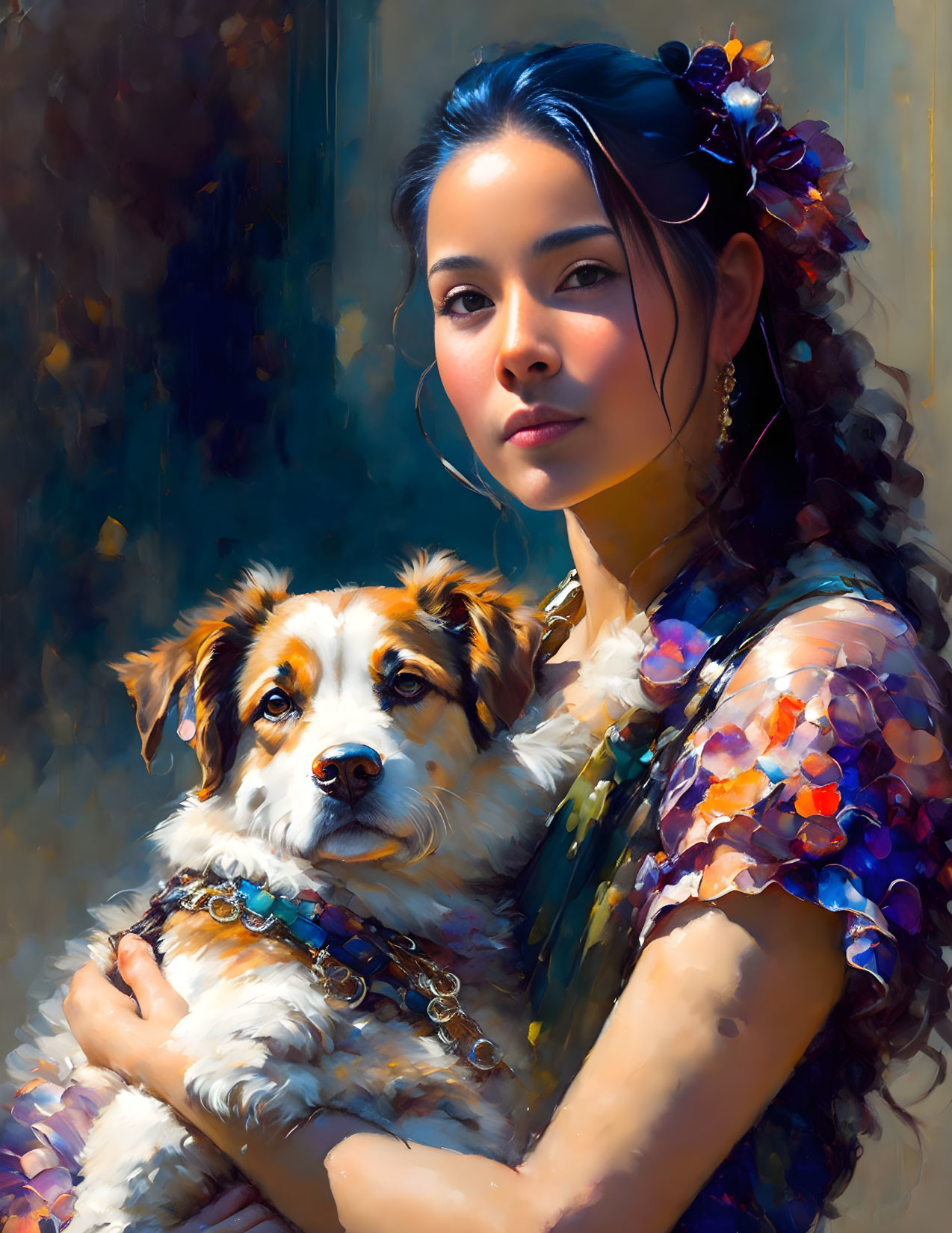 Dark-haired woman holding colorful dog with flowers in warm, painterly style