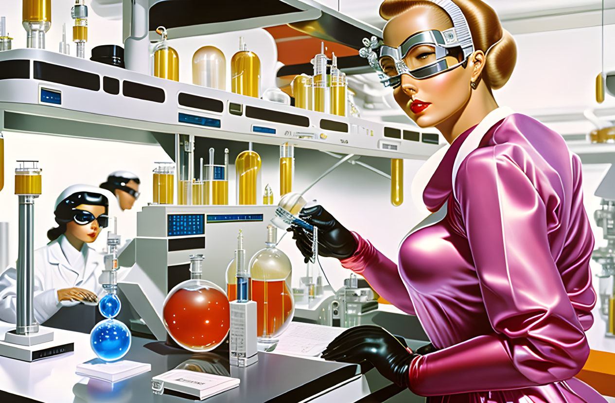 Futuristic lab illustration with two women, one in pink with goggles, vibrant chemical flasks on