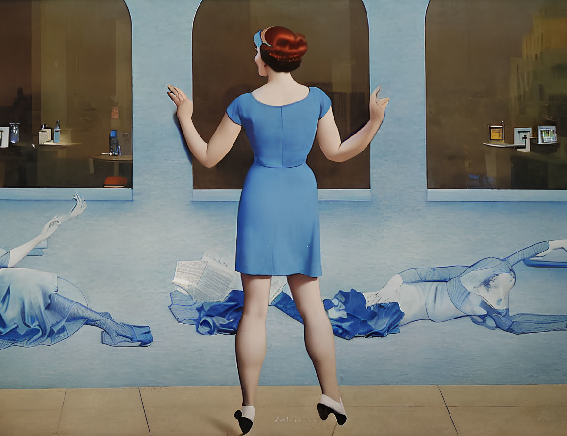 Woman in blue dress gesturing at peacocks through windows