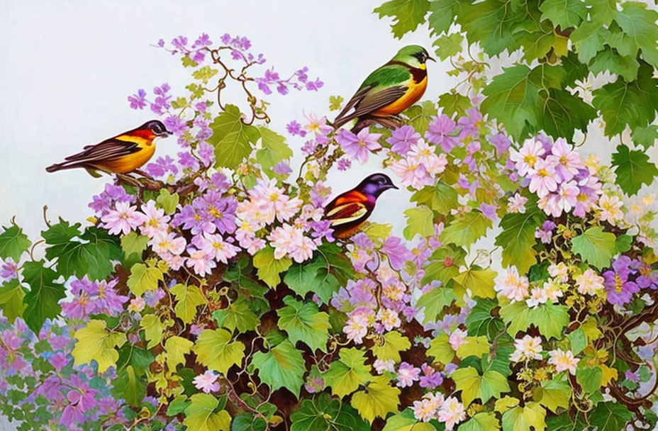 Vibrant Birds Among Pink Flowers and Green Leaves